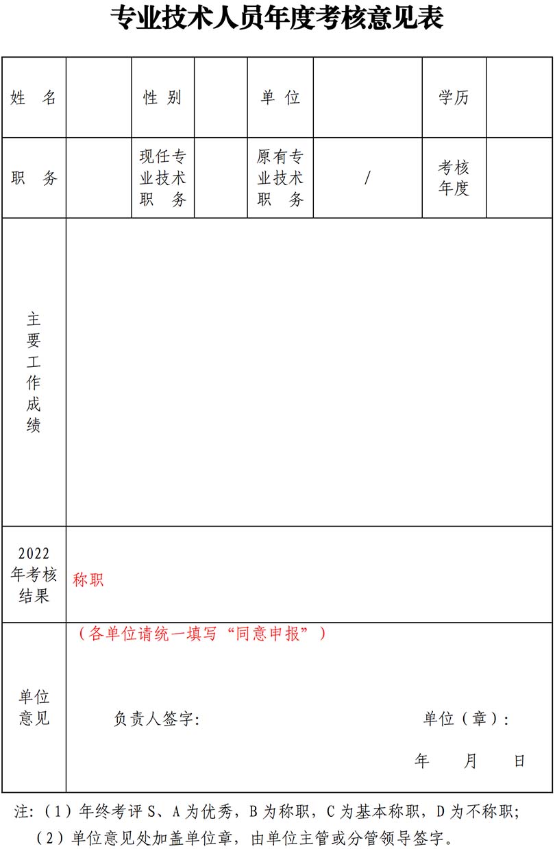 山東職稱專業技術人員年度考核意見表